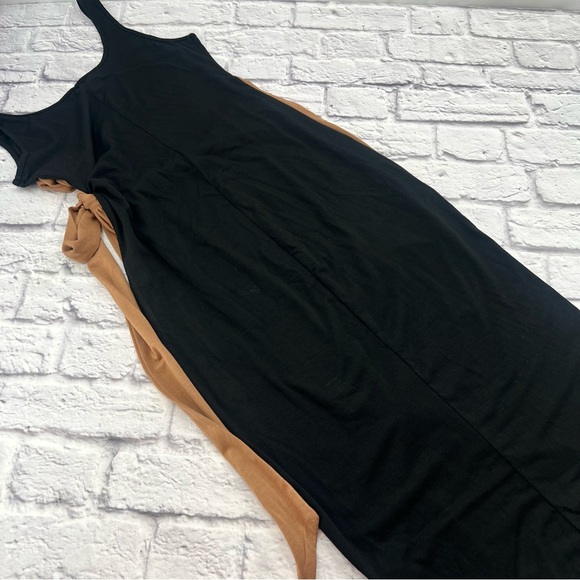 Asymmetrical Black and Tan Large Maxi Dress Sheath Tank Faux Wrap Tie Waist - Picture 7 of 7